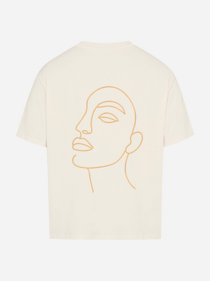 Vyfinity Oversize T-Shirt in Off-White mit großem Line-Art Gesichtsmotiv als Rückendruck. Modernes Unisex Streetwear Shirt im Oversize-Look, minimalistisch und künstlerisch inspiriert.