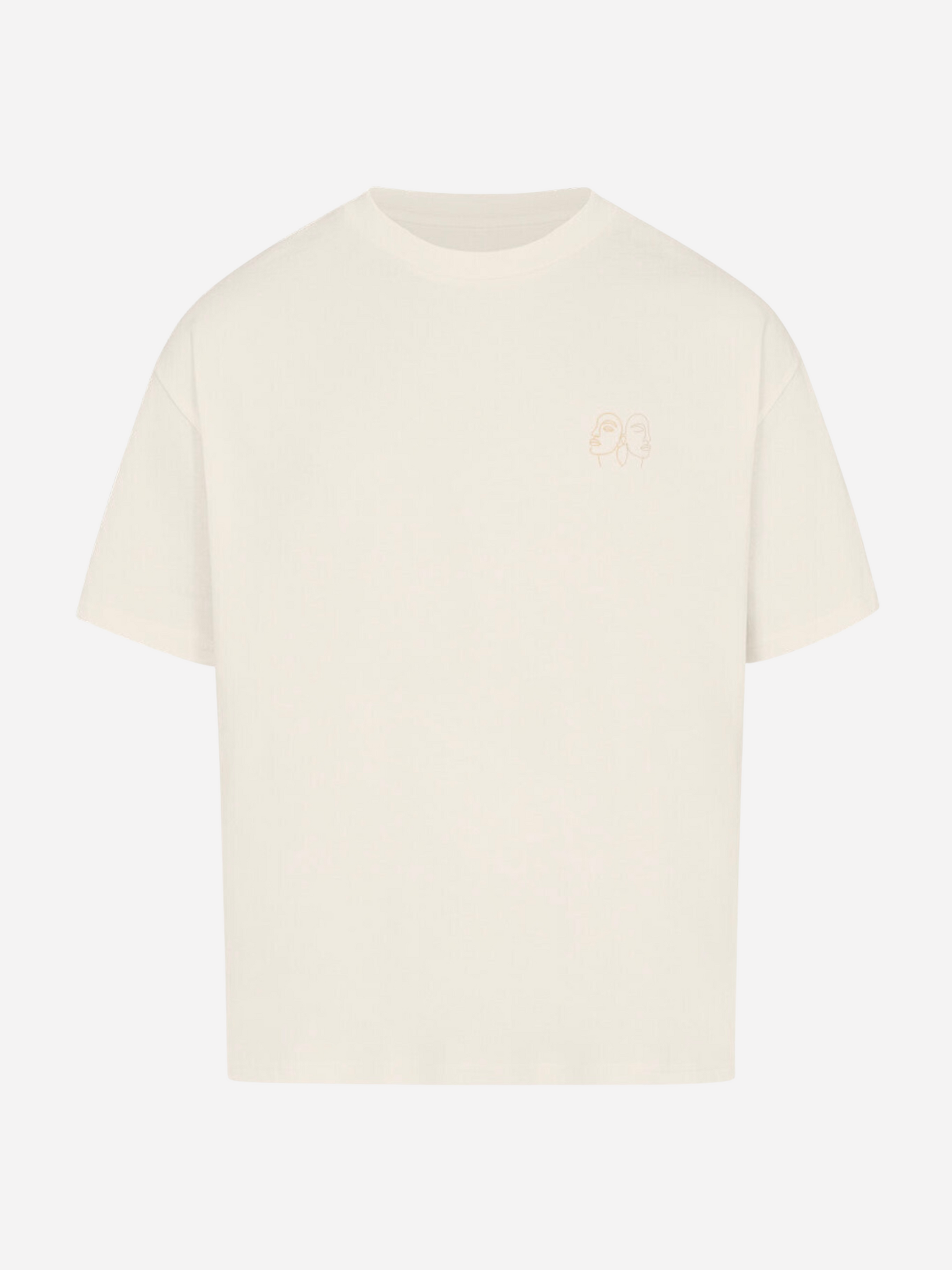 Vyfinity Oversize T-Shirt in Off-White mit minimalistischem Line-Art Gesichtsmotiv auf der linken Brust. Locker geschnittenes Streetwear Shirt aus weicher Baumwolle in trendigem Oversize-Look.