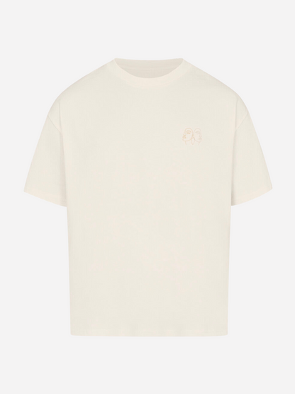 Vyfinity Oversize T-Shirt in Off-White mit minimalistischem Line-Art Gesichtsmotiv auf der linken Brust. Locker geschnittenes Streetwear Shirt aus weicher Baumwolle in trendigem Oversize-Look.