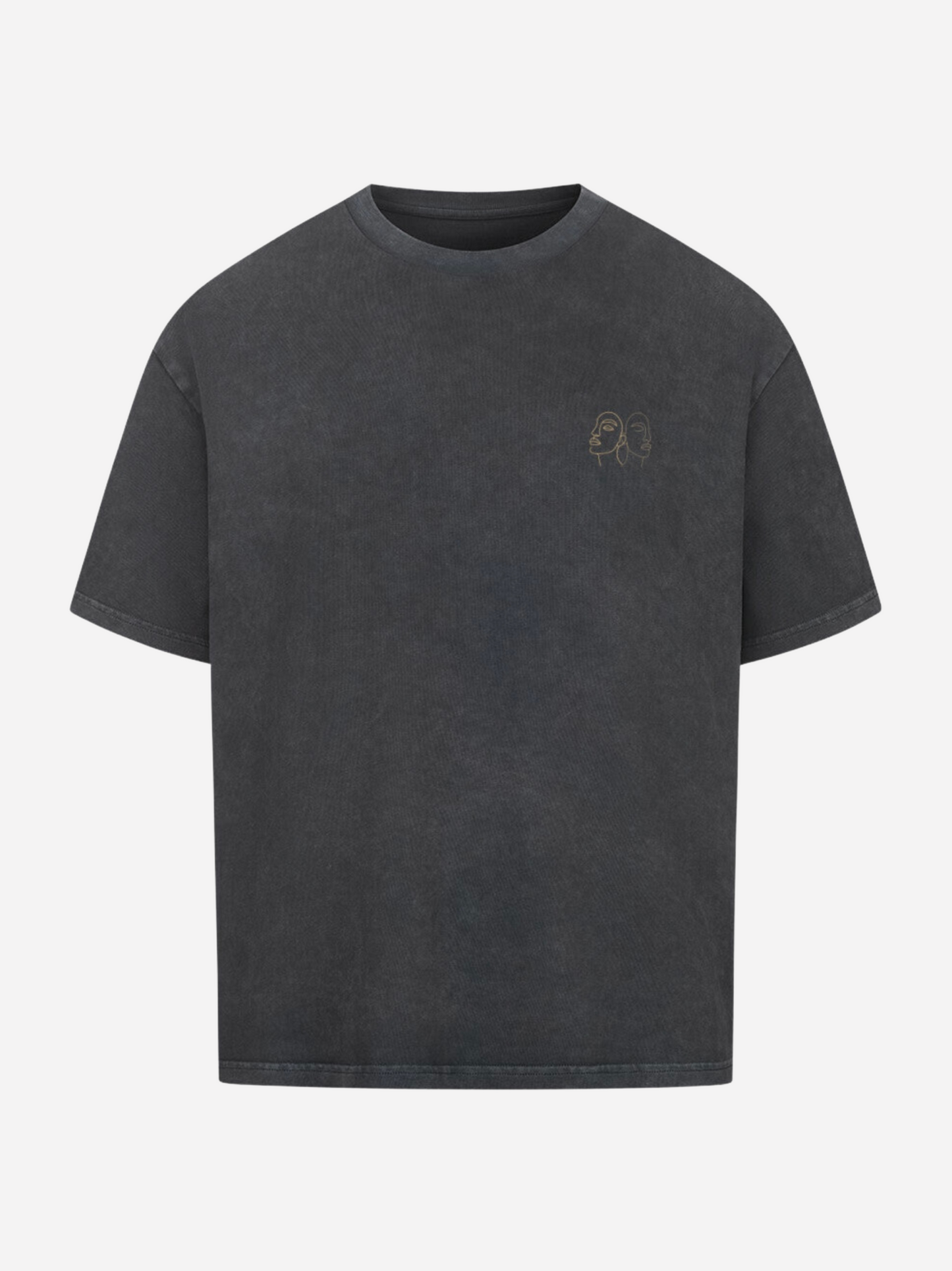 Vyfinity Oversize T-Shirt in Vintage Black mit kleinem Line-Art Gesichtsmotiv auf der Vorderseite. Stylisches Unisex Streetwear Shirt im modernen Vintage-Washed Look, minimalistisch und urban.