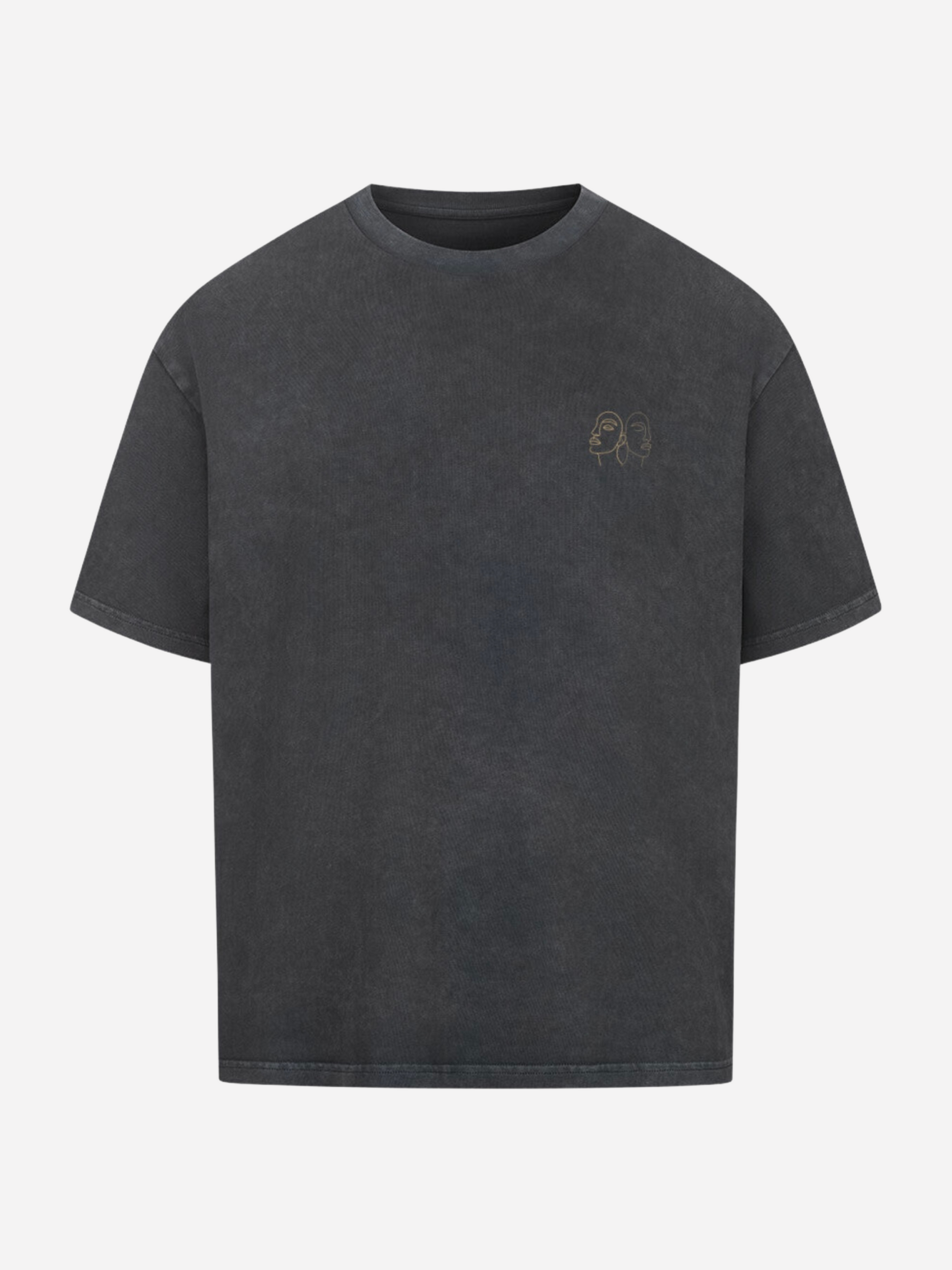 Vyfinity Oversize T-Shirt in Vintage Black mit kleinem Line-Art Gesichtsmotiv auf der Vorderseite. Stylisches Unisex Streetwear Shirt im modernen Vintage-Washed Look, minimalistisch und urban.