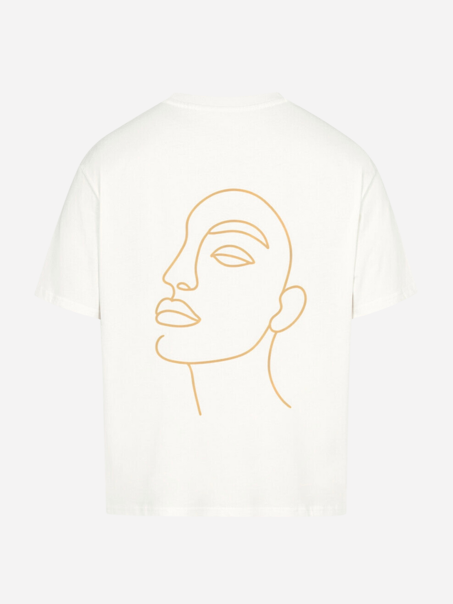Vyfinity Oversize T-Shirt in Weiß mit großem Line-Art Gesicht als Rückenprint. Modernes Unisex Streetwear Shirt mit künstlerischem Design, ideal für urbanen Lifestyle und Minimal Fashion.