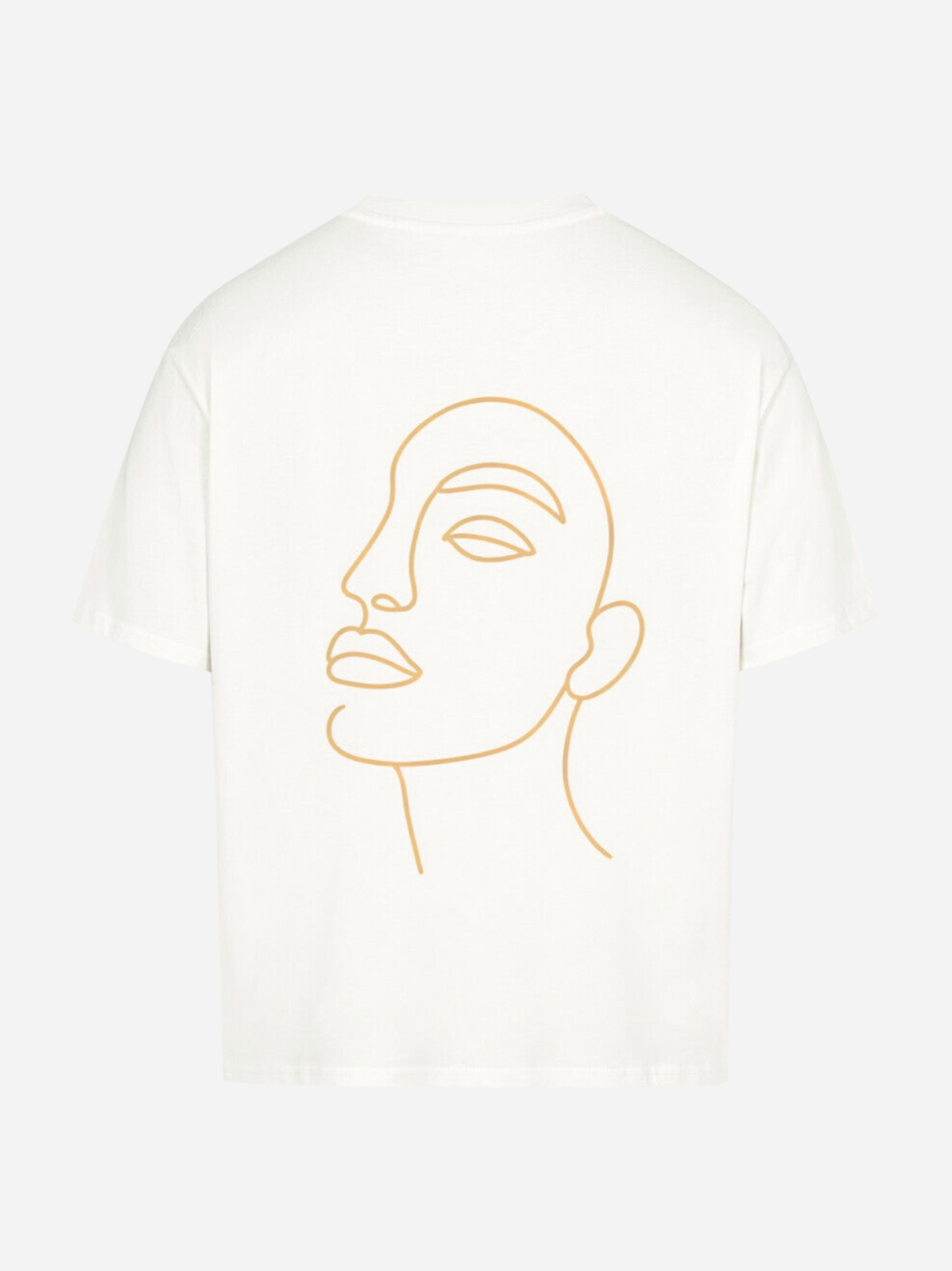 Vyfinity Oversize T-Shirt in Weiß mit großem Line-Art Gesicht als Rückenprint. Modernes Unisex Streetwear Shirt mit künstlerischem Design, ideal für urbanen Lifestyle und Minimal Fashion.