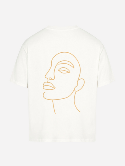 Vyfinity Oversize T-Shirt in Weiß mit großem Line-Art Gesicht als Rückenprint. Modernes Unisex Streetwear Shirt mit künstlerischem Design, ideal für urbanen Lifestyle und Minimal Fashion.