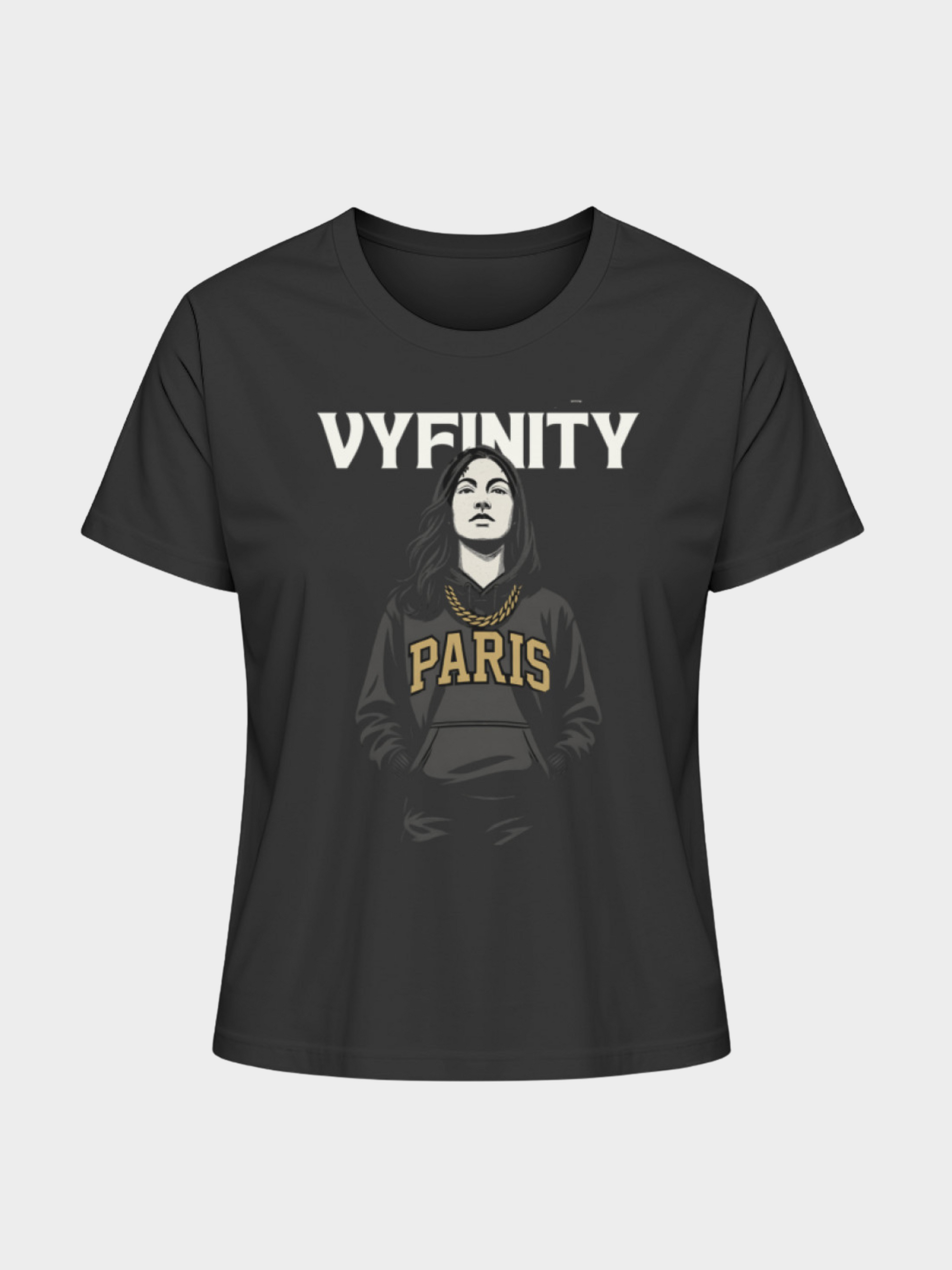 Vyfinity Paris T-Shirt in Schwarz, Flatlay Ansicht, mit goldener Paris-Schrift und Illustration einer Frau mit Hoodie und Kette.