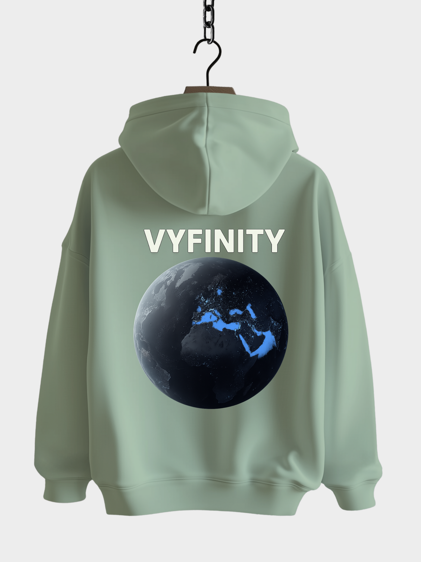 Vyfinity Planet Hoodie in Farbe Aloe mit großem Erde-Motiv und leuchtenden Kontinenten auf dem Rücken, modernem Rückenprint und Streetwear-Design – Unisex Kapuzenpullover im Oversized-Look