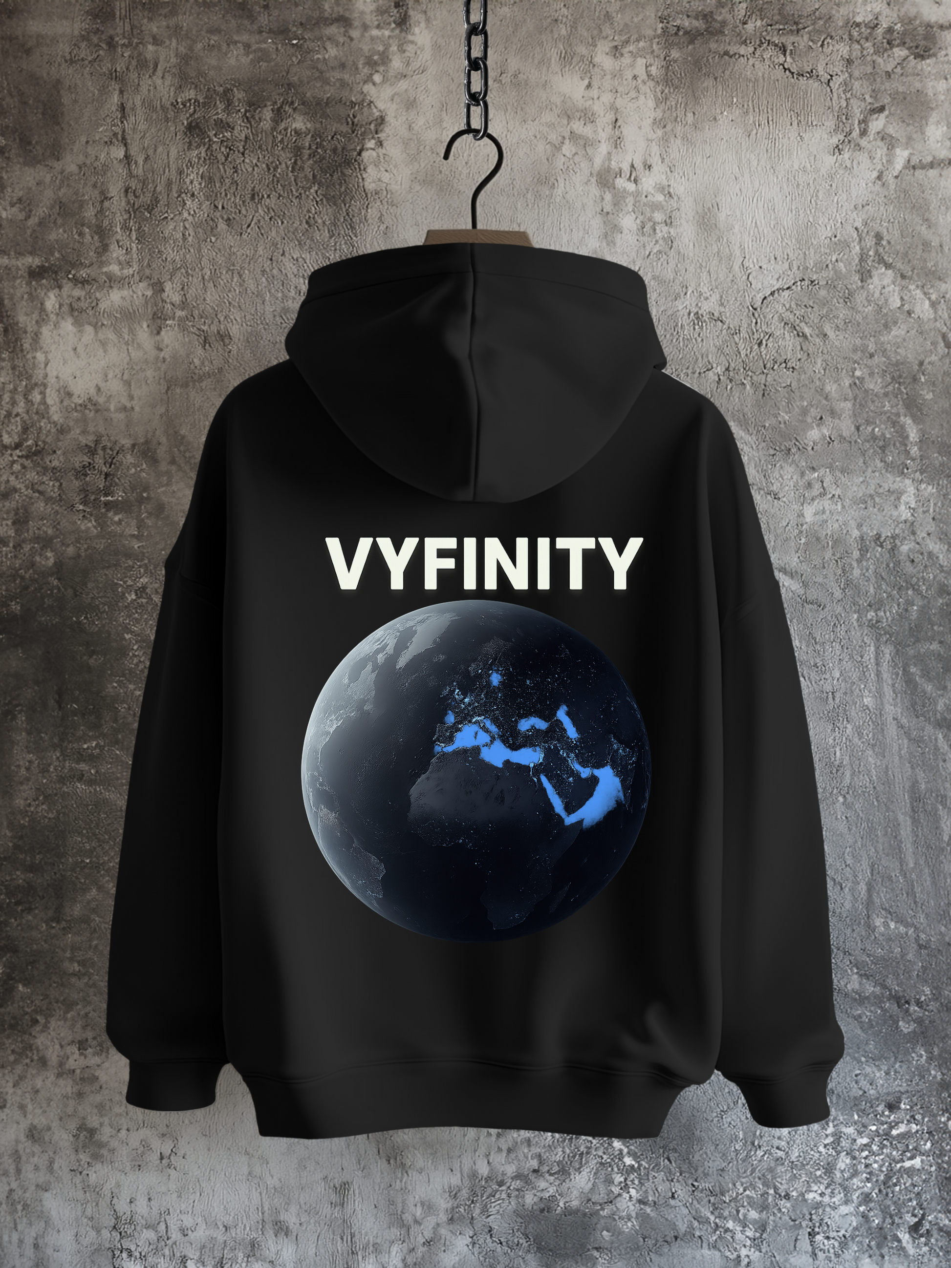 Vyfinity Planet Hoodie in Schwarz mit großem Erde-Motiv und leuchtenden Kontinenten auf dem Rücken, modernem Rückenprint und Streetwear-Design – Unisex Kapuzenpullover im Oversized-Look