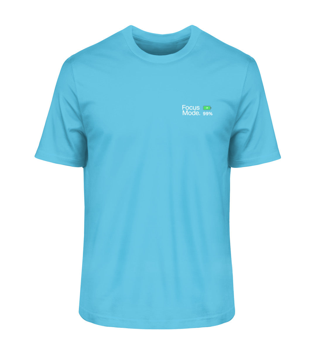 Vyfinity Pulse aqua-blaues T-Shirt „Focus Mode“ mit grünem Batterieladesymbol auf der Vorderseite