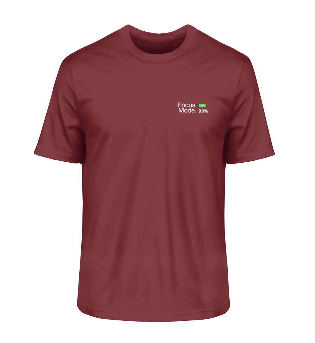 Vyfinity Pulse burgunderrotes T-Shirt „Focus Mode“ mit grünem Batterieladesymbol auf der Vorderseite
