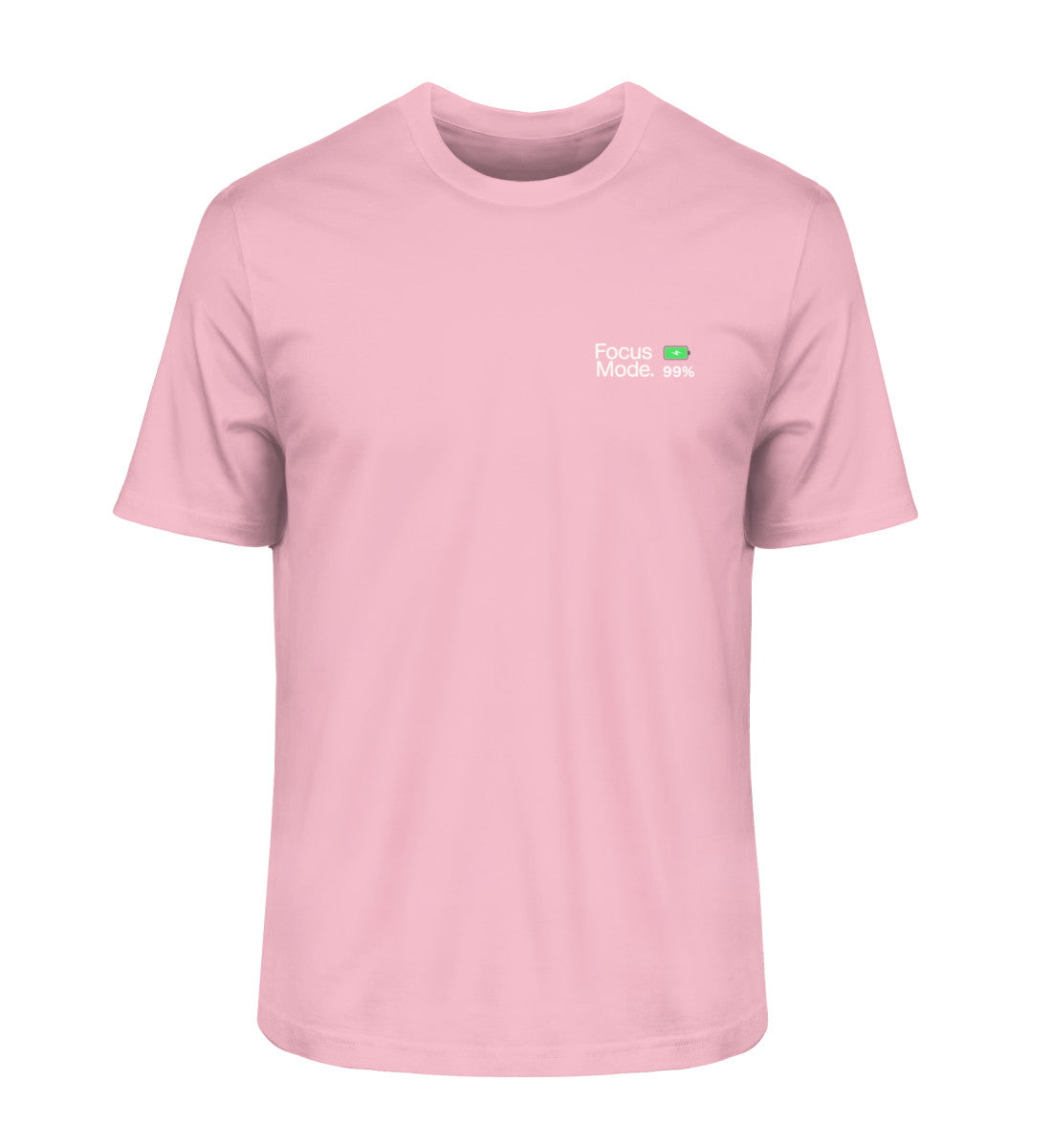 Vyfinity Pulse rosafarbenes T-Shirt „Focus Mode“ mit grünem Batterieladesymbol auf der Vorderseite