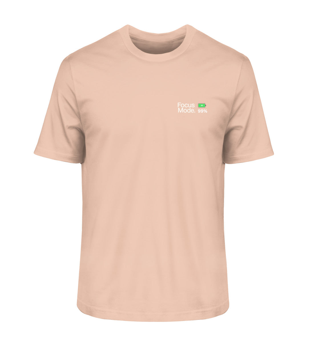 Vyfinity Pulse T-Shirt in zartem Pfirsichton „Focus Mode“ mit grünem Batterieladesymbol auf der Vorderseite