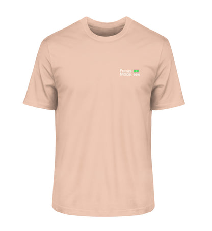 Vyfinity Pulse T-Shirt in zartem Pfirsichton „Focus Mode“ mit grünem Batterieladesymbol auf der Vorderseite