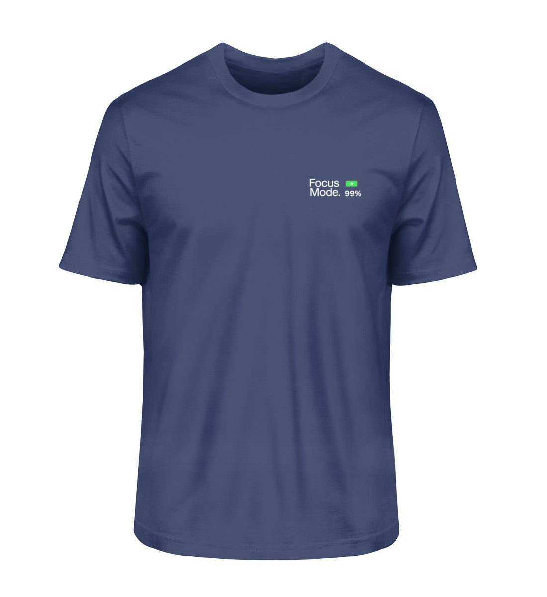 Vyfinity Pulse navyblaues T-Shirt „Focus Mode“ mit grünem Batterieladesymbol auf der Vorderseite