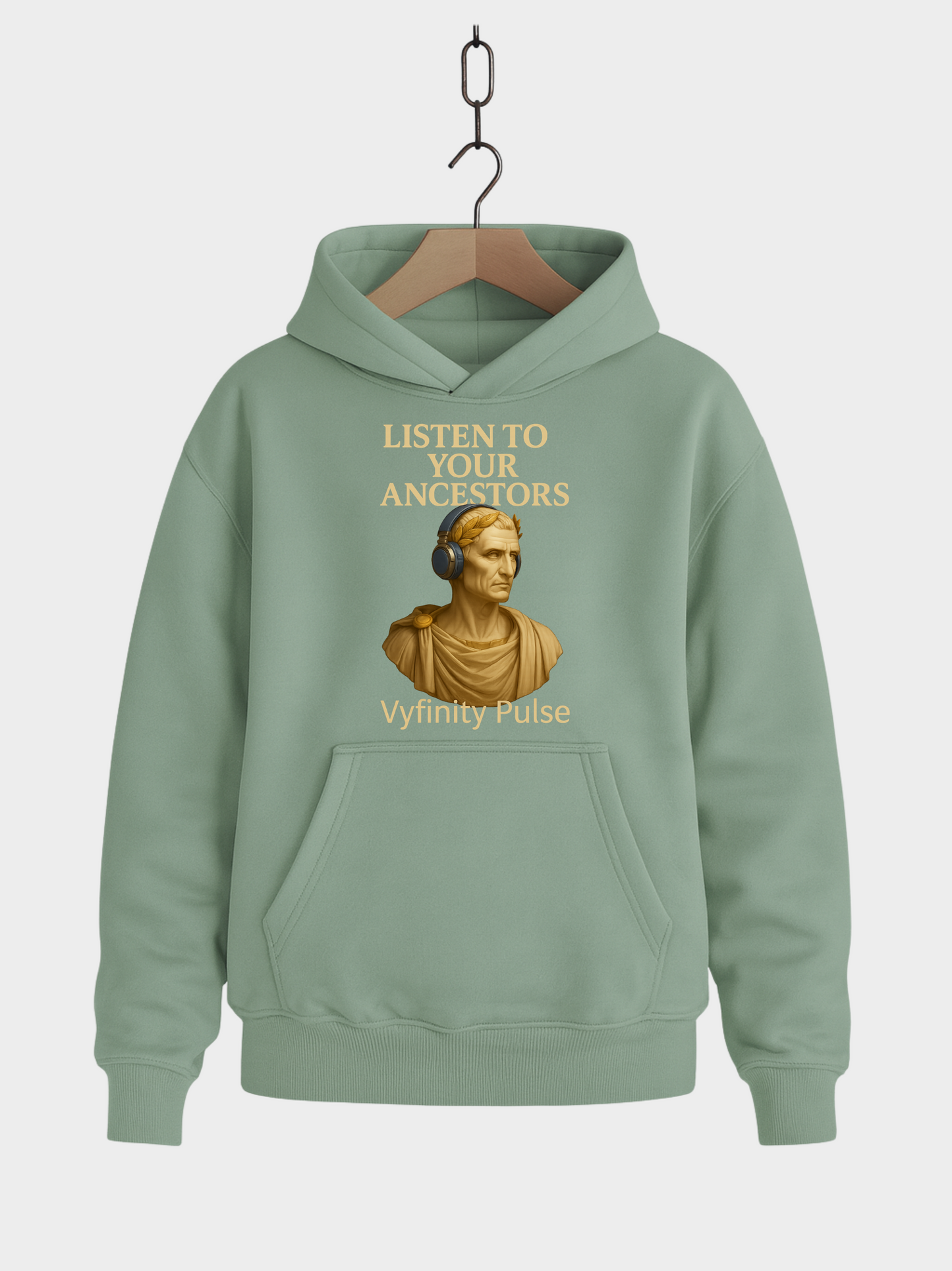 Vyfinity Pulse Hoodie Aloe Grün – Listen to Your Ancestors Kapuzenpullover mit goldener Statue und Kopfhörern Streetwear Unisex