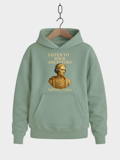 Vyfinity Pulse Hoodie Aloe Grün – Listen to Your Ancestors Kapuzenpullover mit goldener Statue und Kopfhörern Streetwear Unisex
