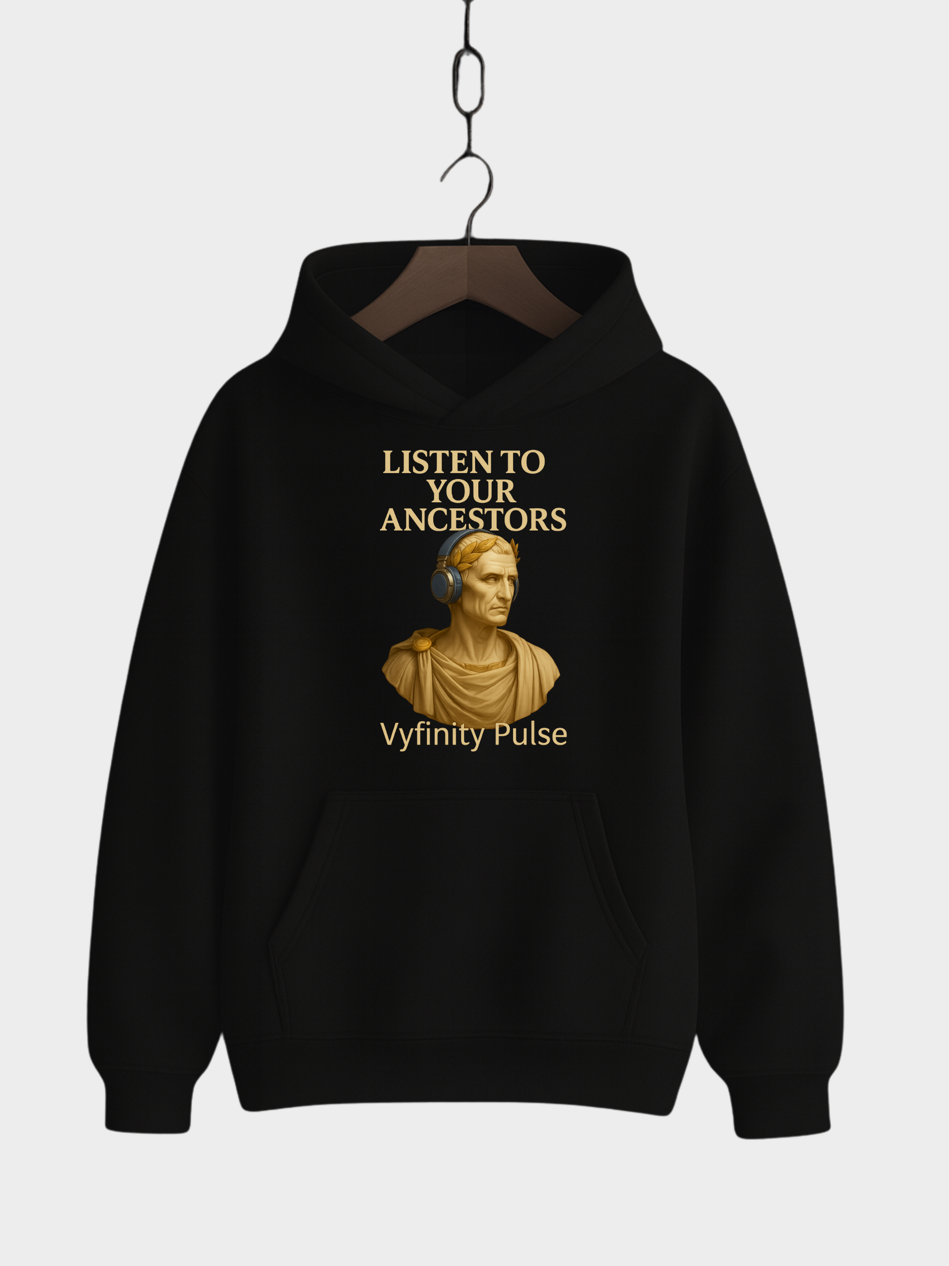 Vyfinity Pulse Hoodie Schwarz – Listen to Your Ancestors Kapuzenpullover mit goldener Statue und Kopfhörern Streetwear Unisex