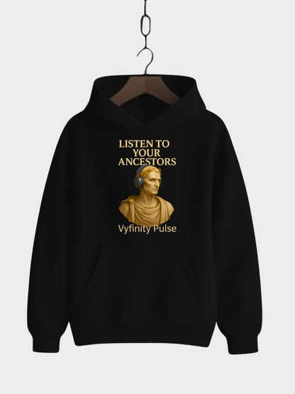 Vyfinity Pulse Hoodie Schwarz – Listen to Your Ancestors Kapuzenpullover mit goldener Statue und Kopfhörern Streetwear Unisex