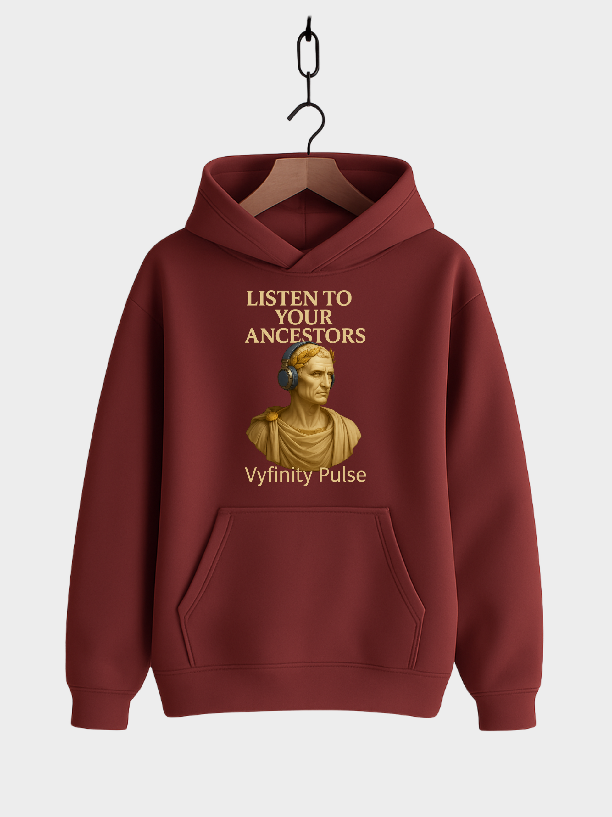 Vyfinity Pulse Hoodie Burgundy – Listen to Your Ancestors Kapuzenpullover mit goldener Statue und Kopfhörern Streetwear Unisex