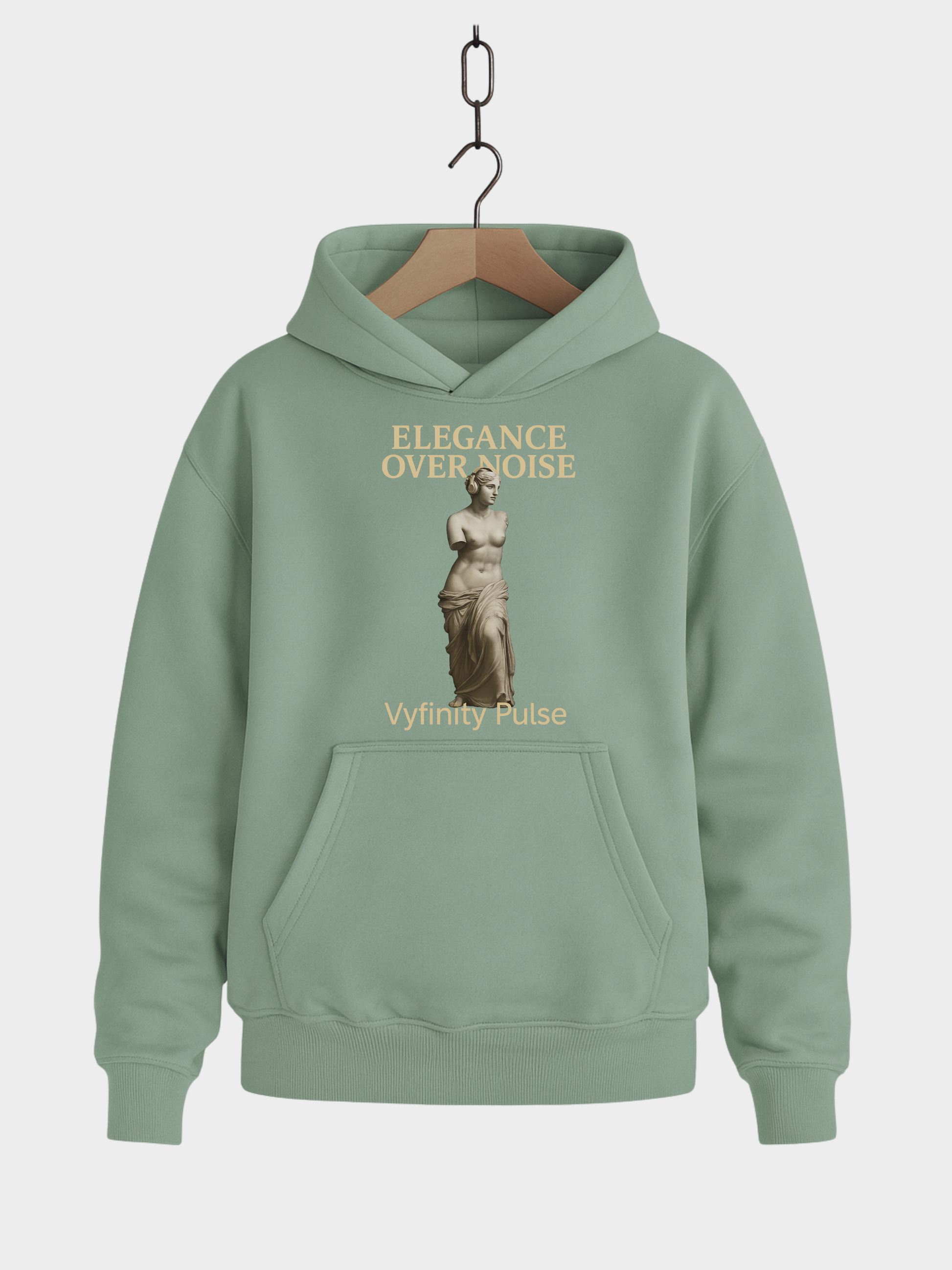 Aloe Hoodie Vyfinity Pulse Elegance Over Noise mit goldener Statue und Schriftzug