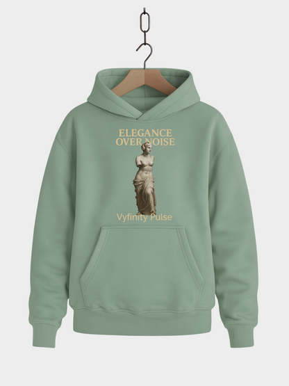 Aloe Hoodie Vyfinity Pulse Elegance Over Noise mit goldener Statue und Schriftzug