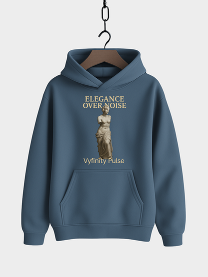 Stargazer Hoodie Vyfinity Pulse Elegance Over Noise mit goldener Statue und Schriftzug