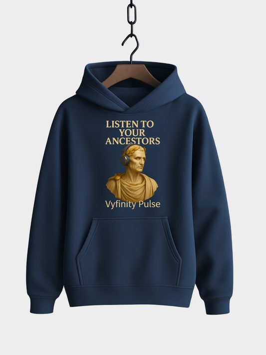 Vyfinity Pulse Hoodie Navy – Listen to Your Ancestors Design mit goldener Statue und Kopfhörern Streetwear Kapuzenpullover