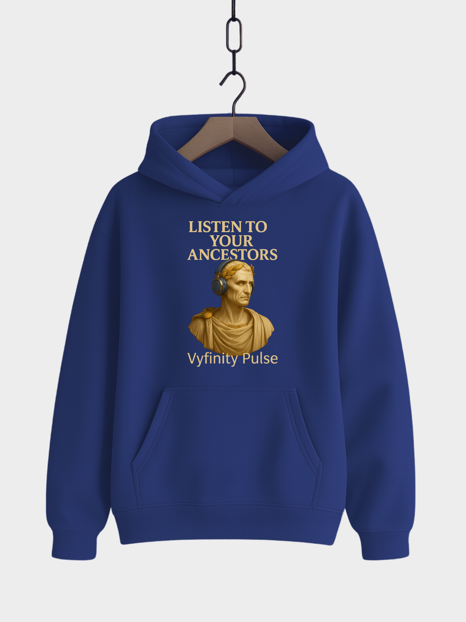 Vyfinity Pulse Hoodie Royal Blue – Listen to Your Ancestors Kapuzenpullover mit goldener Statue und Kopfhörern Streetwear Unisex