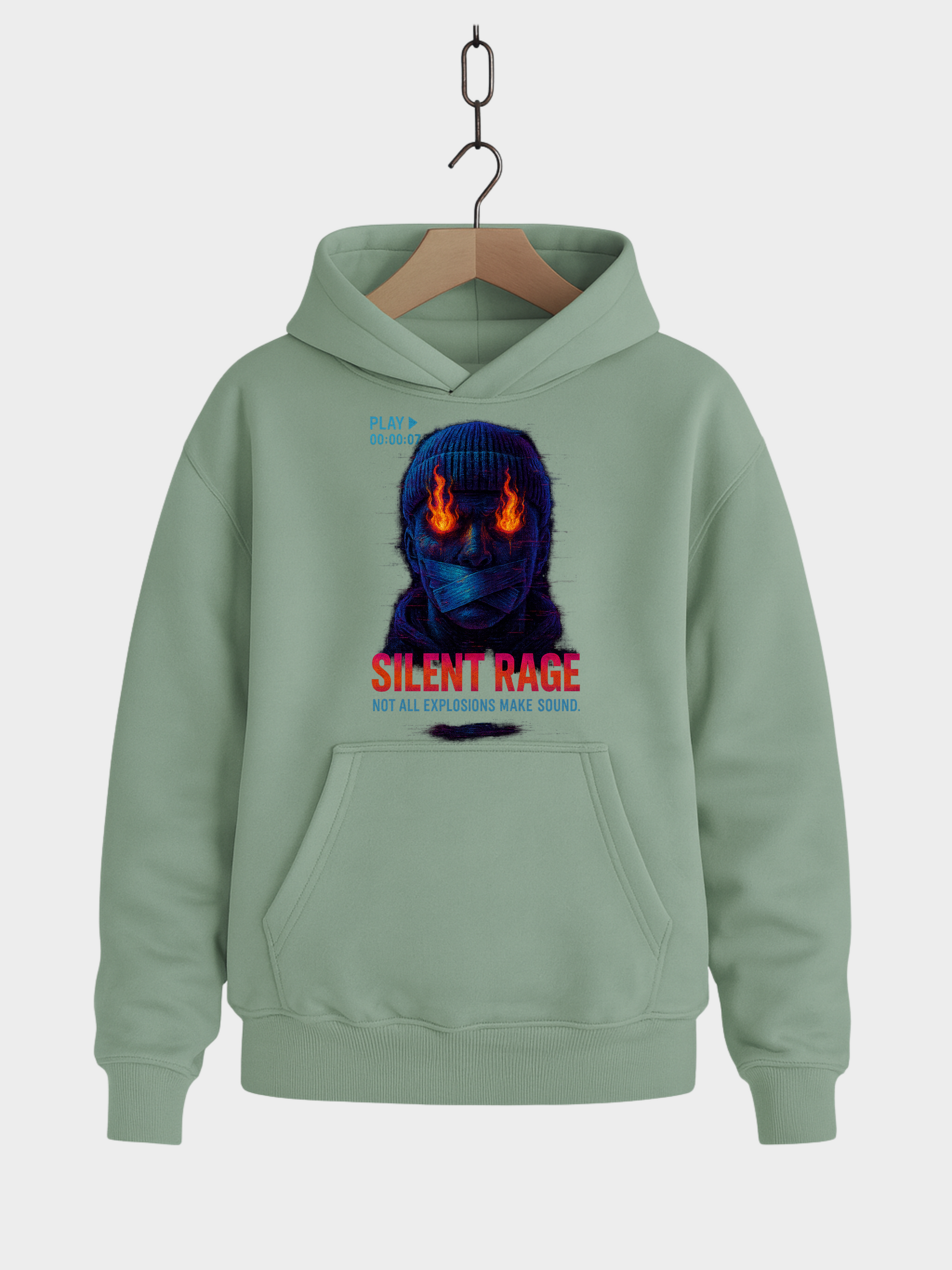 Vyfinity Pulse Hoodie Silent Rage in Aloe Grün mit feurigem Masken-Gesicht und Schriftzug Silent Rage Frontansicht