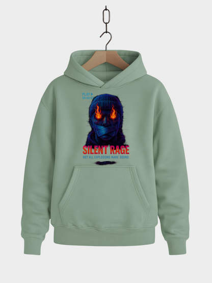Vyfinity Pulse Hoodie Silent Rage in Aloe Grün mit feurigem Masken-Gesicht und Schriftzug Silent Rage Frontansicht