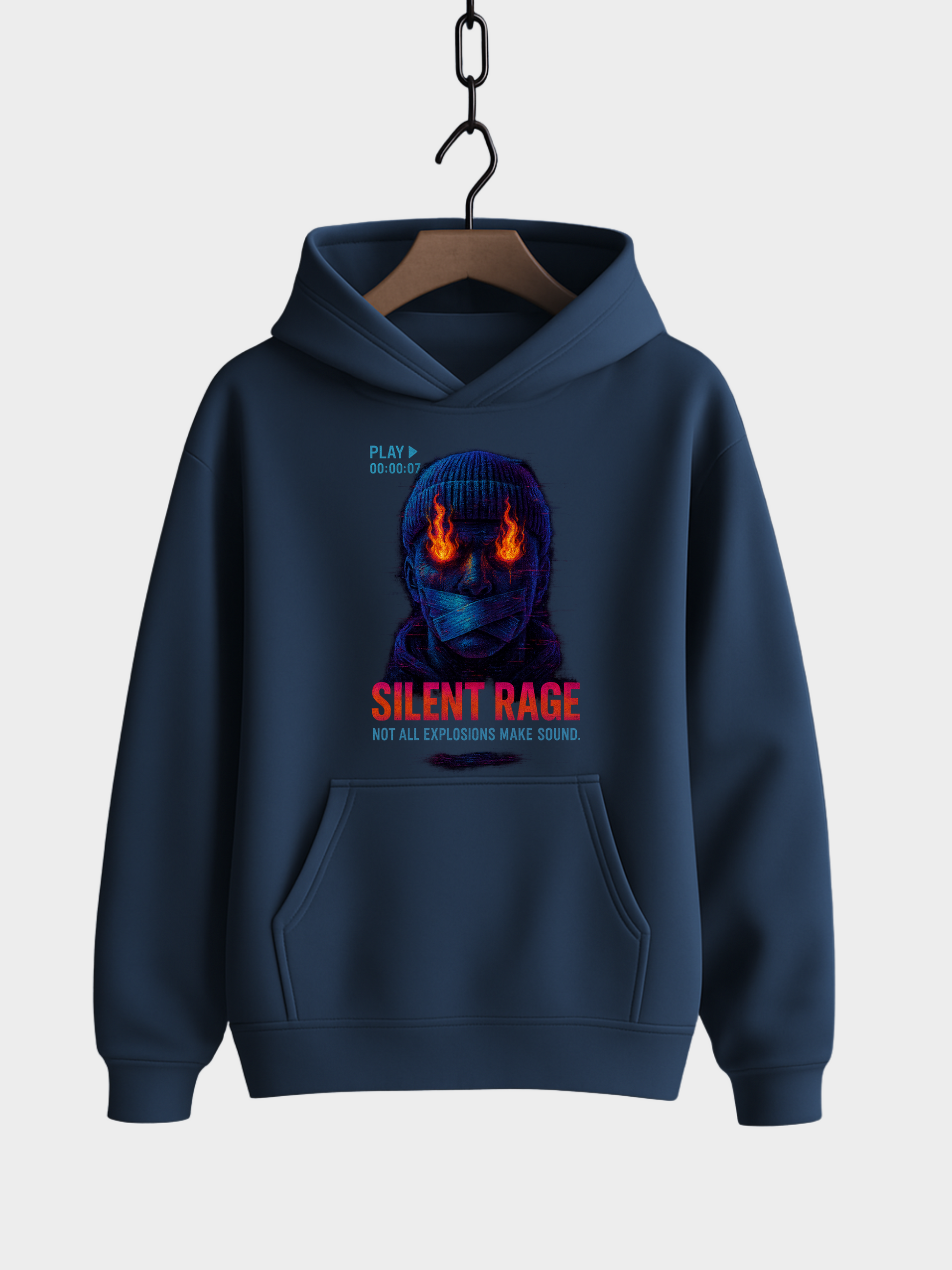 Vyfinity Pulse Hoodie Silent Rage in French Navy Blau mit feurigem Masken-Gesicht und Schriftzug Silent Rage Frontansicht