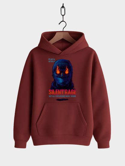 Vyfinity Pulse Hoodie Silent Rage in Red Earth Rotbraun mit feurigem Masken-Gesicht und Schriftzug Silent Rage Frontansicht