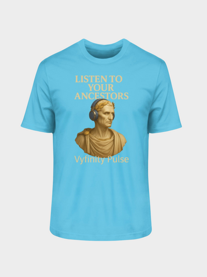 Hellblaues Vyfinity Pulse T-Shirt Listen to Your Ancestors mit antiker Büste und goldener Schrift