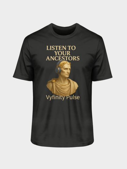  Schwarzes Vyfinity Pulse T-Shirt Listen to Your Ancestors mit antiker Büste und goldener Schrift