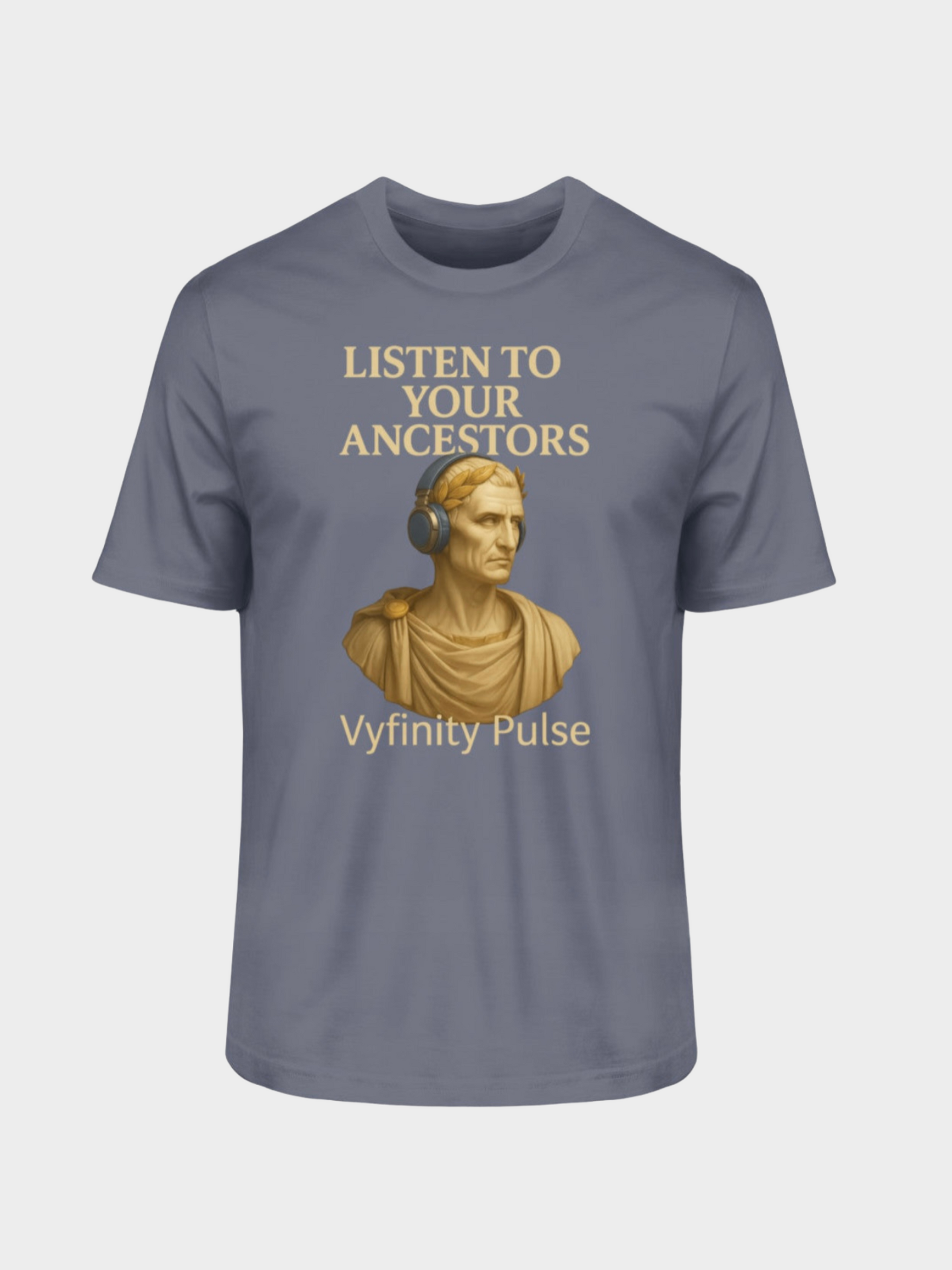 Dunkel meliertes blaues Vyfinity Pulse T-Shirt Listen to Your Ancestors mit antiker Büste und goldener Schrift