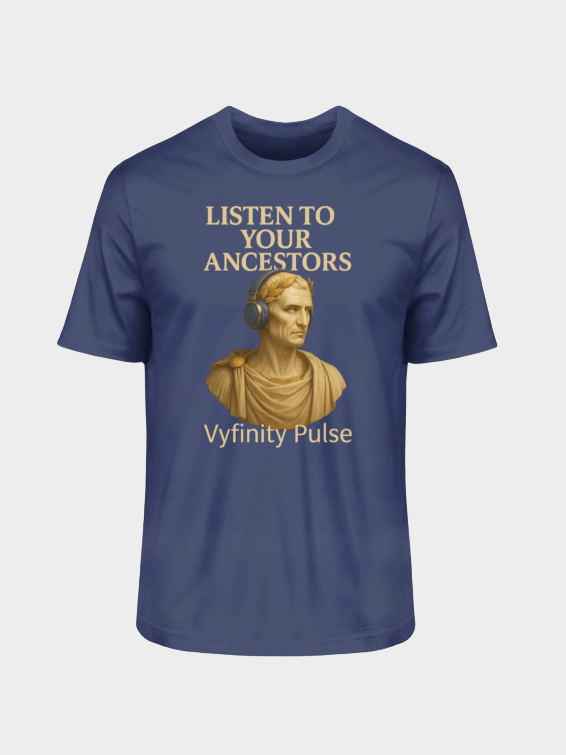 Dunkelblaues Vyfinity Pulse T-Shirt Listen to Your Ancestors mit antiker Büste und goldener Schrift