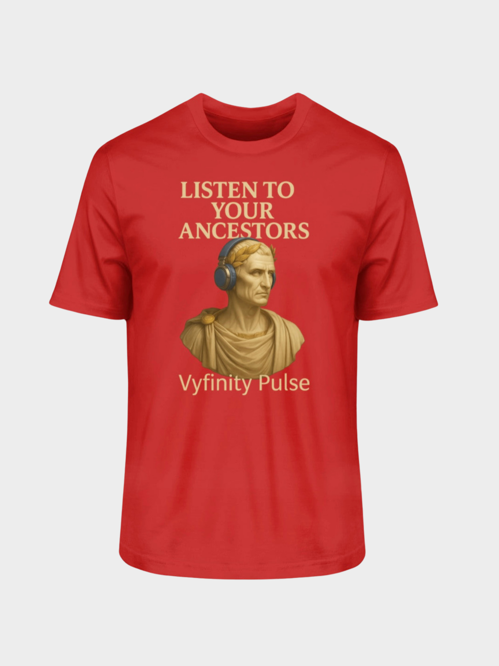  Rotes Vyfinity Pulse T-Shirt Listen to Your Ancestors mit antiker Büste und goldener Schrift