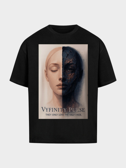 Vyfinity Pulse Oversized T-Shirt Schwarz mit Kunst-Print Halbgesicht Frau Design Frontansicht