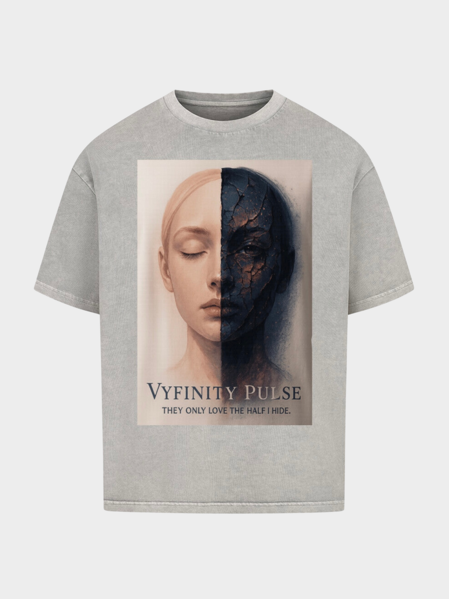 Vyfinity Pulse Oversized T-Shirt Grau mit Kunst-Print Halbgesicht Frau Design Frontansicht