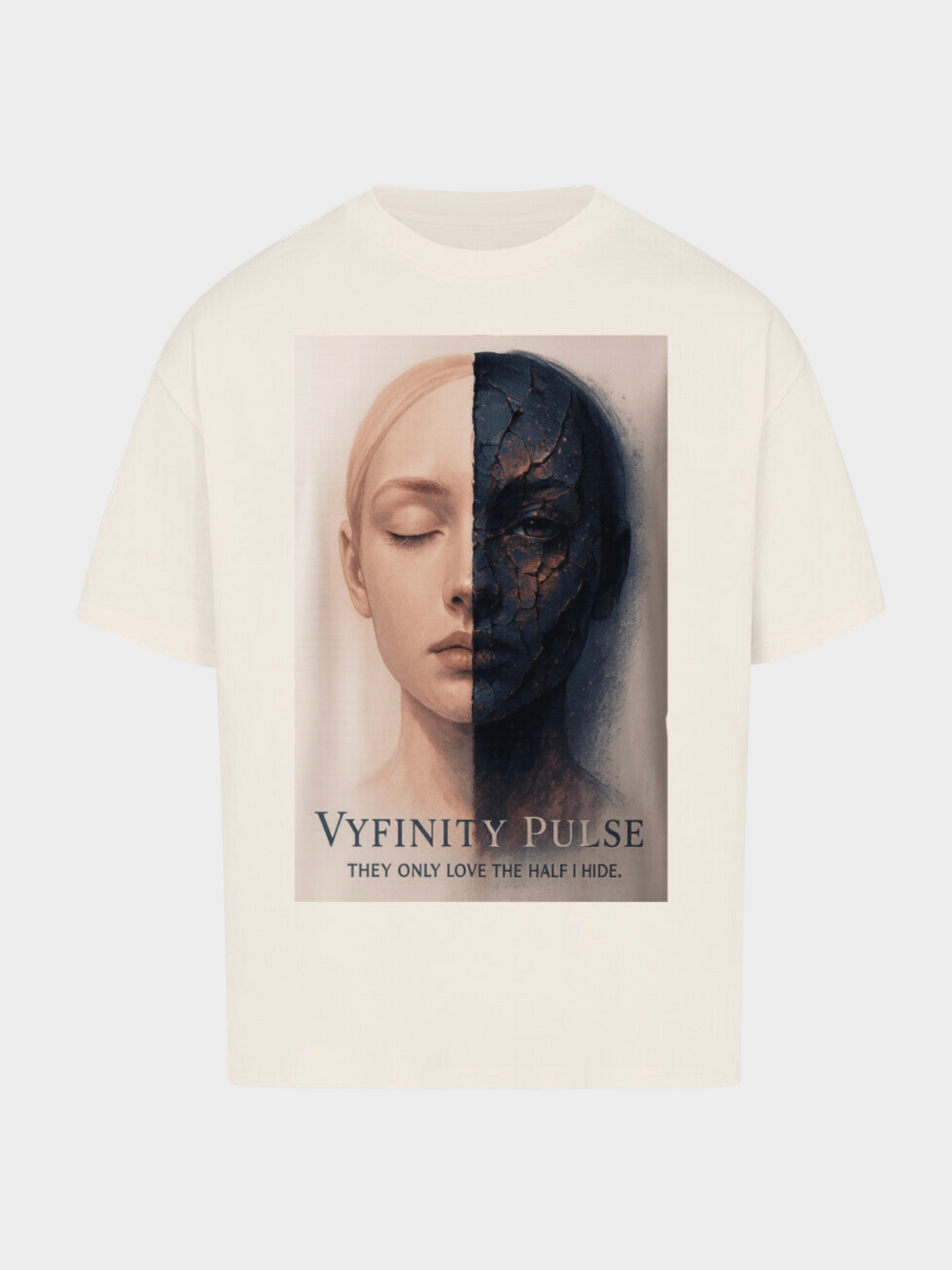 Vyfinity Pulse Oversized T-Shirt Weiß mit Kunst-Print Halbgesicht Frau Design Frontansicht