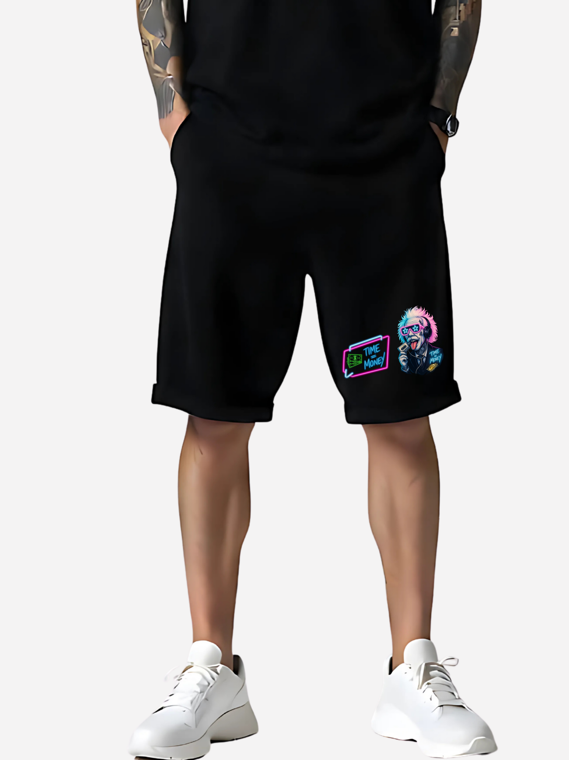 Vyfinity Pulse Shorts Schwarz Herren mit Einstein Neon-Print Streetwear Nahaufnahme Front