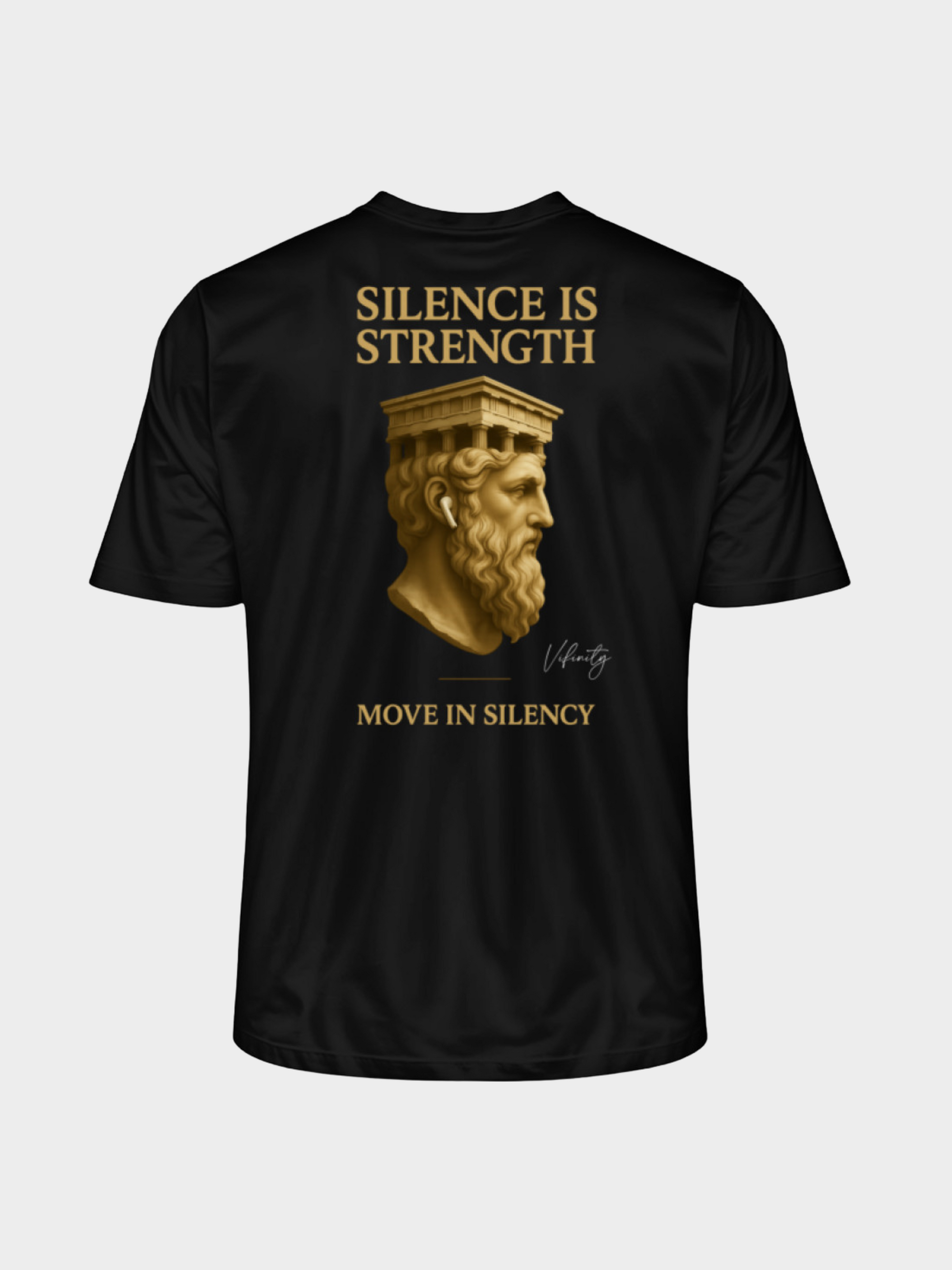 Vyfinity Pulse T-Shirt in Schwarz mit großem goldenen Rückenprint „Silence is Strength – Move in Silence“ und antiker Skulptur