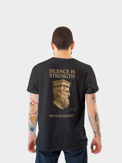 Vyfinity Pulse T-Shirt in Schwarz mit goldenem „Silence is Strength“ Rückenprint und antiker Büste
