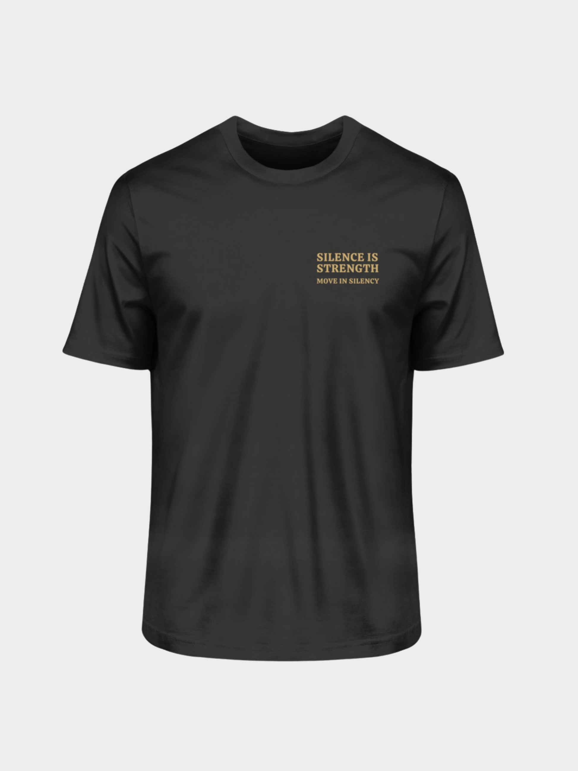 Vyfinity Pulse T-Shirt in Schwarz mit goldener Frontaufschrift „Silence is Strength – Move in Silence“, minimalistisches Streetwear-Design