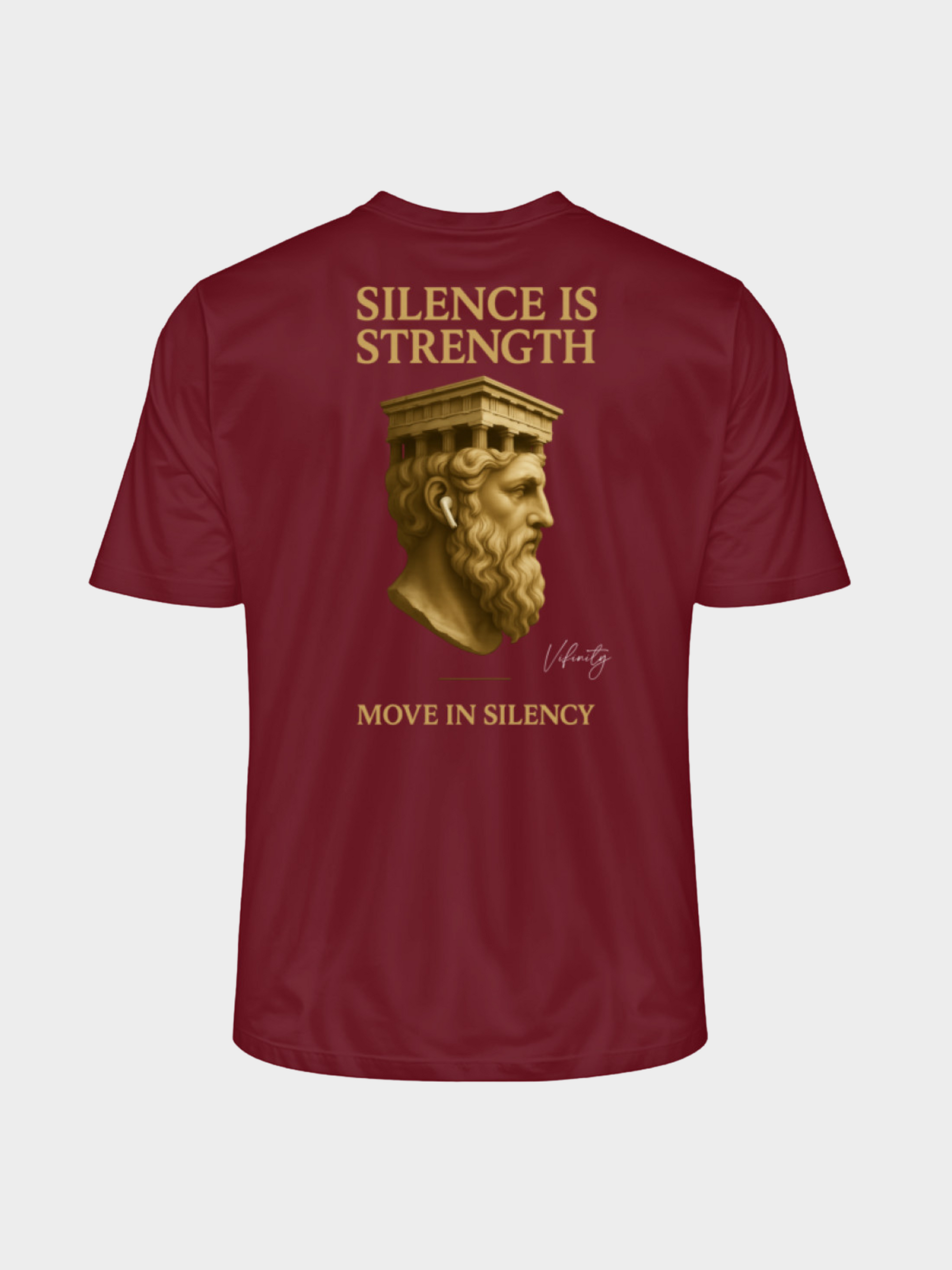 Vyfinity Pulse T-Shirt in Burgunderrot mit großem goldenen Rückenprint „Silence is Strength – Move in Silence“ und antiker Skulptur
