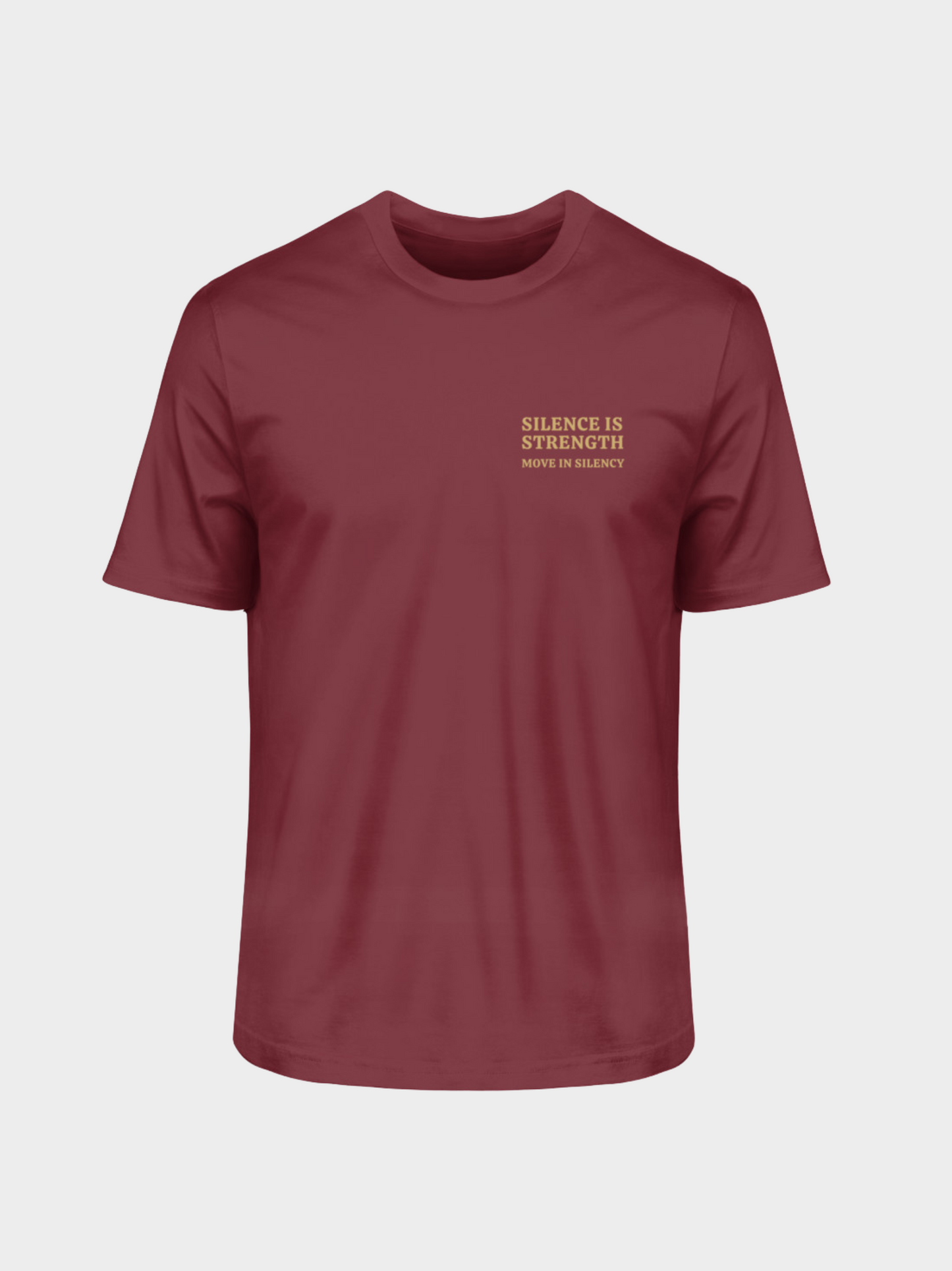 Vyfinity Pulse T-Shirt in Burgunderrot mit kleinem Brustprint „Silence is Strength – Move in Silence“ in Goldschrift