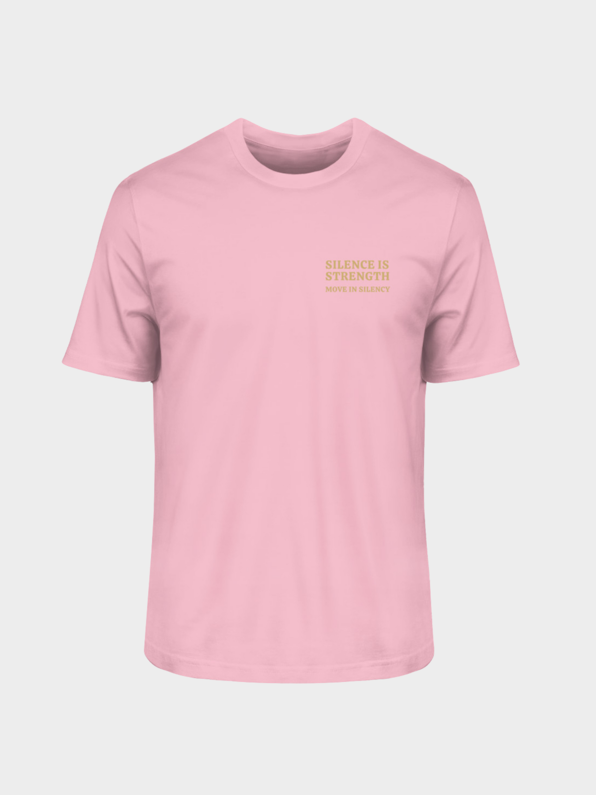 Vyfinity Pulse T-Shirt in Cotton Pink mit kleinem Frontprint „Silence is Strength – Move in Silence“ in Gold