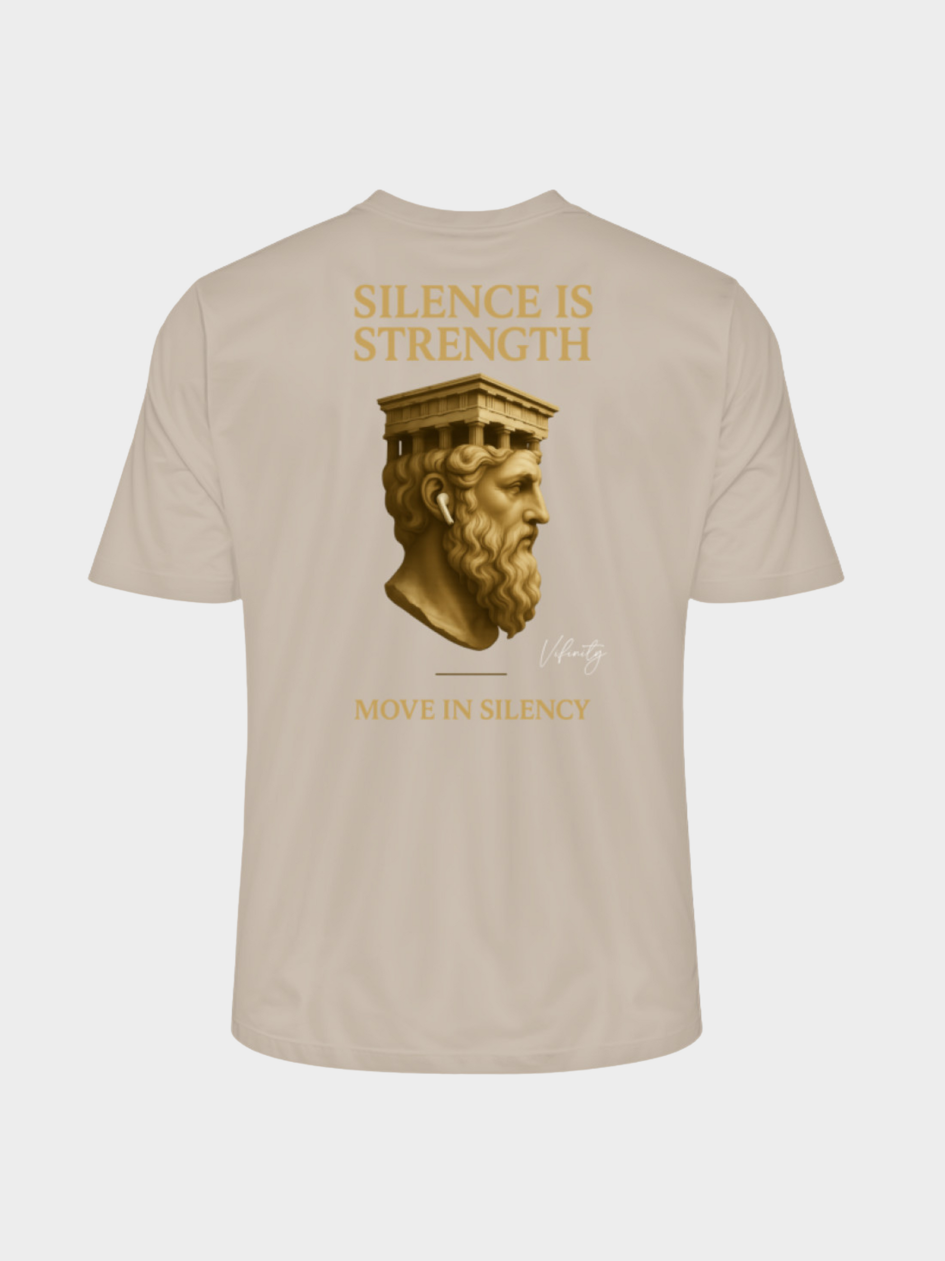 Vyfinity Pulse T-Shirt in Desert Dust mit großem Rückenprint „Silence is Strength – Move in Silence“ und antikem Kopf in Gold