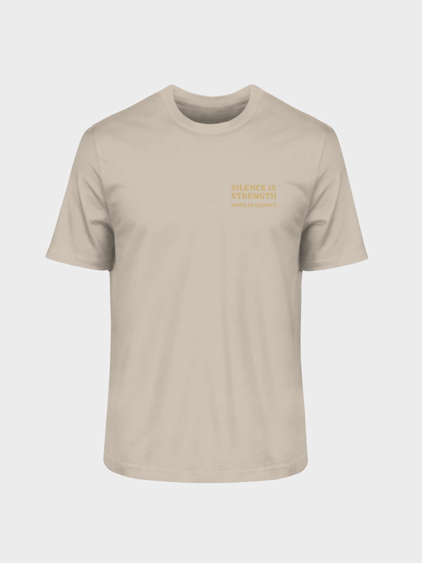 Vyfinity Pulse T-Shirt in Desert Dust mit kleinem Frontprint „Silence is Strength – Move in Silence“ in Gold auf der linken Brust