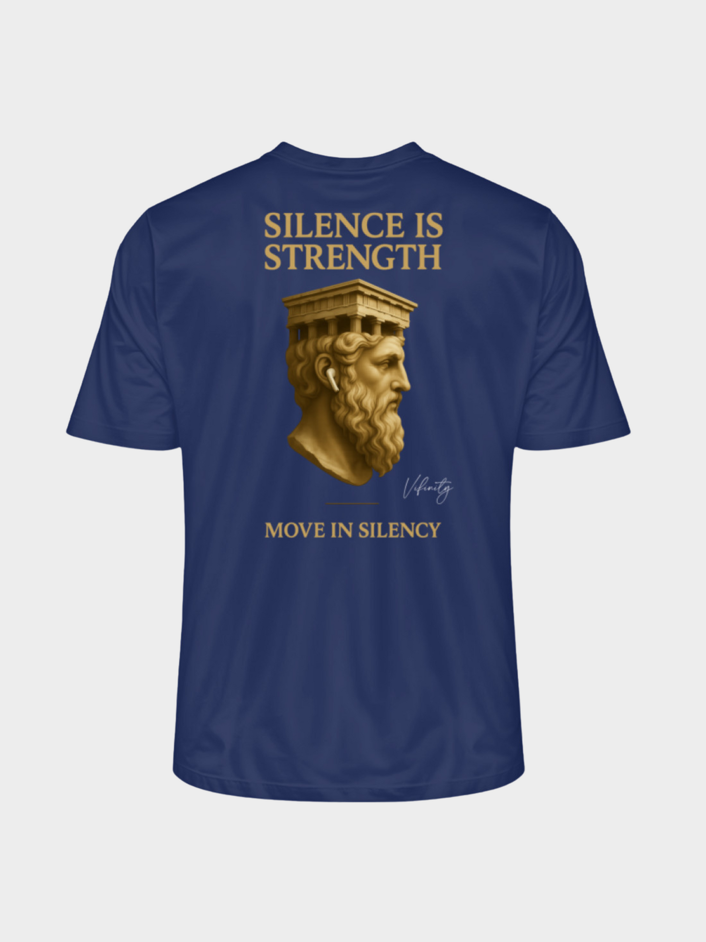 Vyfinity Pulse T-Shirt in French Navy mit großem Rückenprint „Silence is Strength – Move in Silence“ in Gold und antikem Kopfprofil