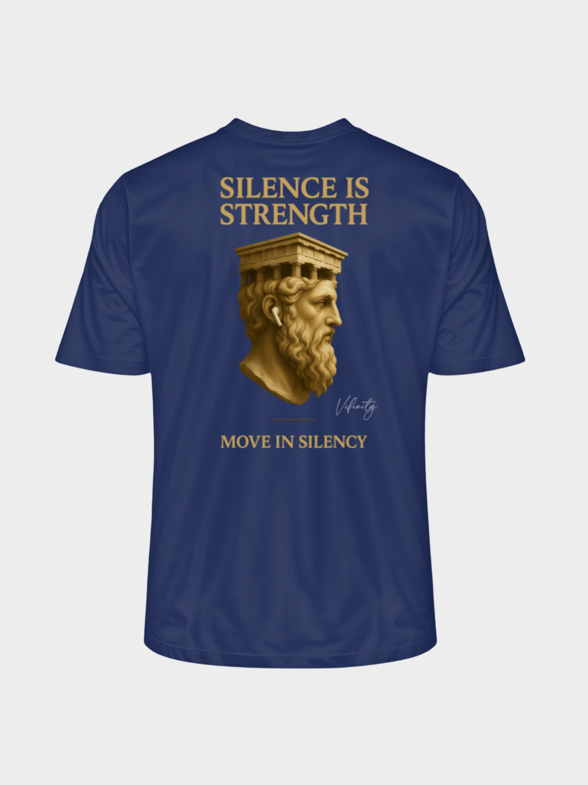 Vyfinity Pulse T-Shirt in French Navy mit großem Rückenprint „Silence is Strength – Move in Silence“ in Gold und antikem Kopfprofil